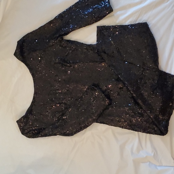 Lulu's Black Classic Sequin 3/4 Long  Sleeves Bodycon Cocktail Mini Dress - Picture 7 of 7